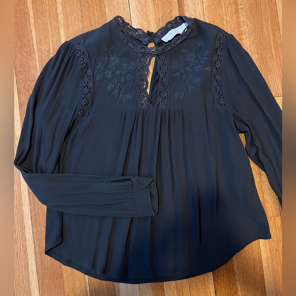 ASTR the label high neck flowy embroidered blouse